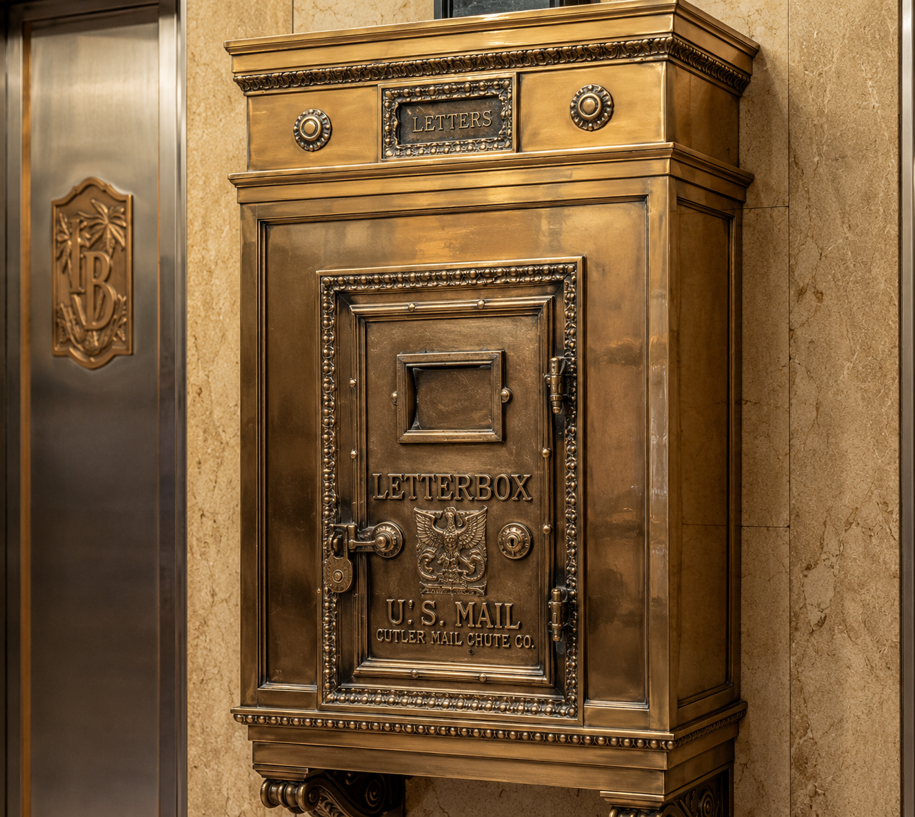 Bronze letterbox with 'U.S. Mail' inscription on a stone wall.